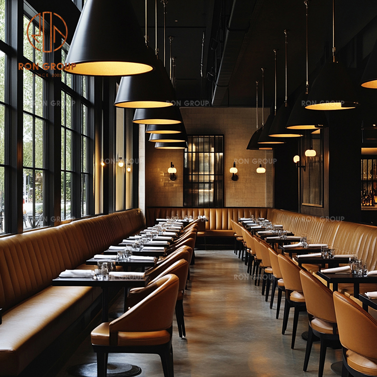 Commercial Restaurant Booth Seating with Leather Sofa and Wood Tables