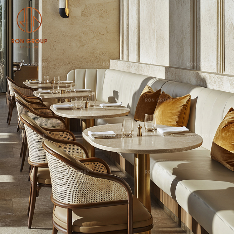Modern Cafe Booth Seating with Rattan Chairs and Marble Tables