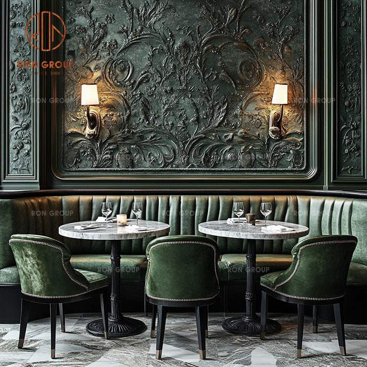 Luxury Green Velvet Restaurant Booth Seating with Marble Dining Tables