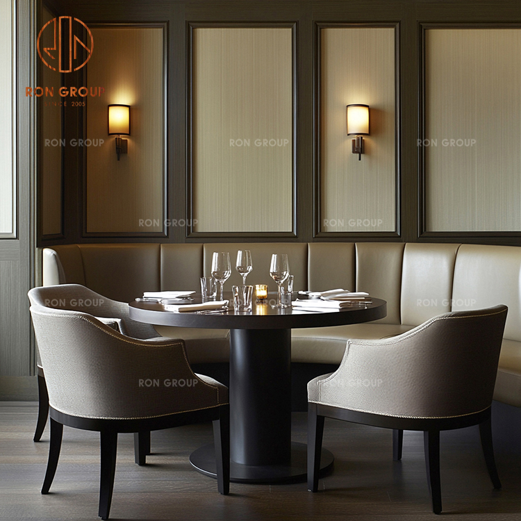 Modern Classic Cafe Booth Seating with Round Wood Table and Upholstered Chairs