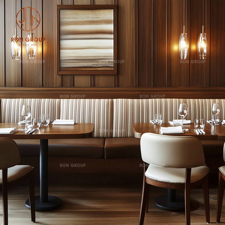 Classic Cafe Booth Seating with Wood Tables and Upholstered Chairs