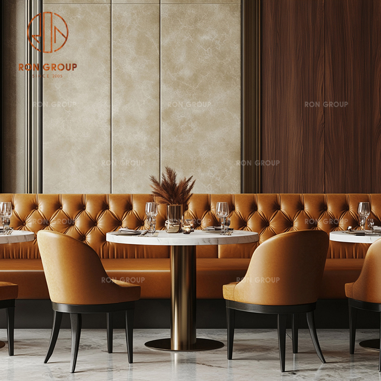 Luxury Orange Velvet Restaurant Booth Seating with Marble Dining Tables