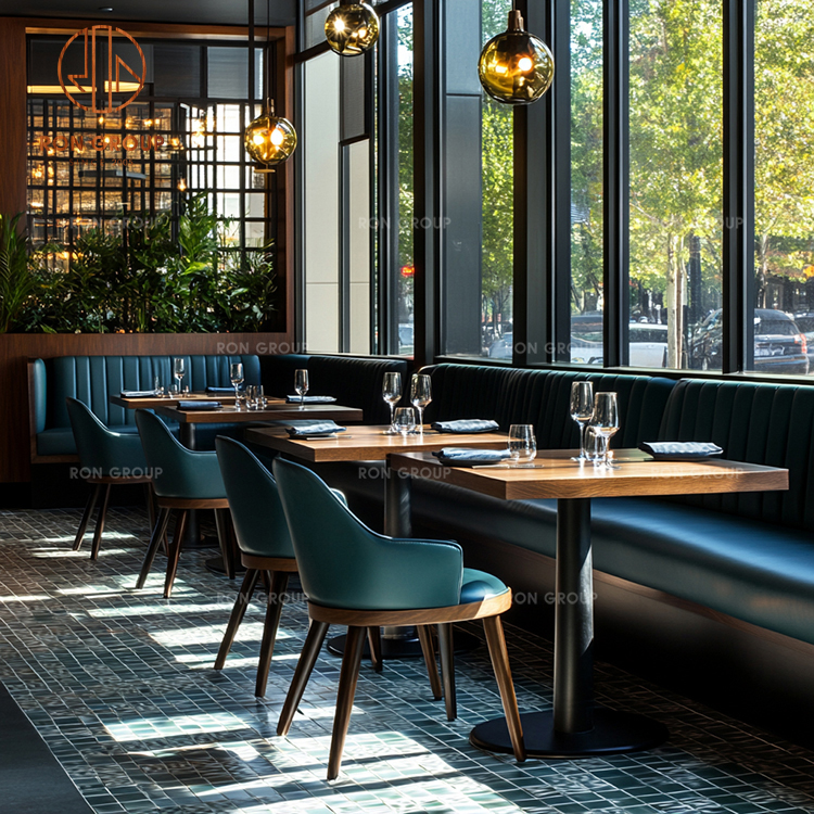 Modern Green Leather Restaurant Booth Seating with Dark Wood Dining Tables