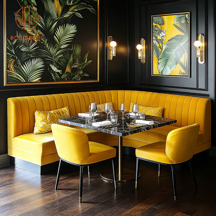 Luxury Yellow Velvet Restaurant Booth Seating with Black Marble Table