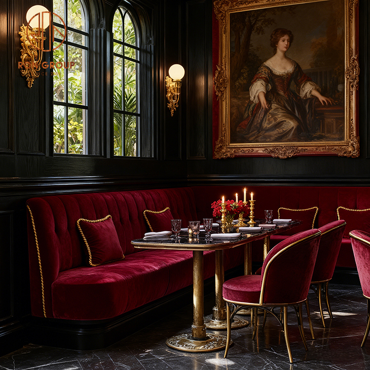 Luxury Velvet Restaurant Booth Seating with Marble Tables for Fine Dining