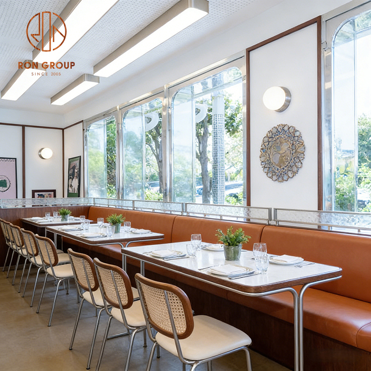 Modern Cafe Booth Seating with Marble Tables & Woven Dining Chairs
