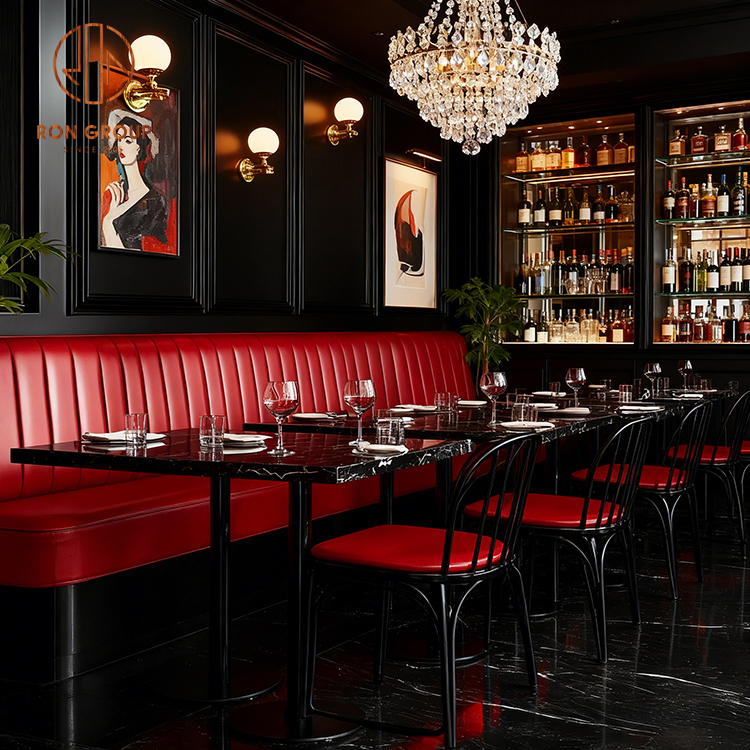 Luxury Red Leather Restaurant Booth Seating with Marble Tables & Black Dining Chairs