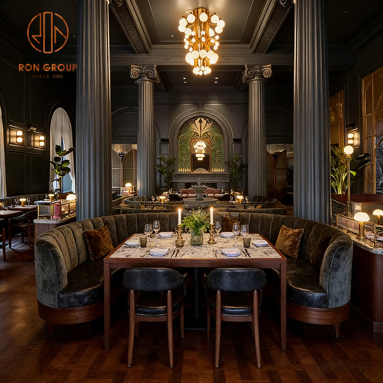 Luxury Curved Restaurant Booth Seating with Marble Tables & Velvet Sofa