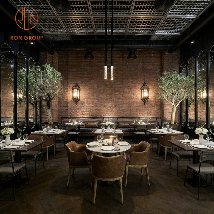 Industrial Luxury Restaurant Booth Seating with Brick Wall Dining Interior