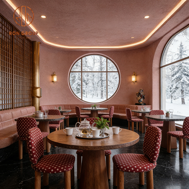 Modern Pink Cafe Booth Seating with Polka Dot Dining Chairs