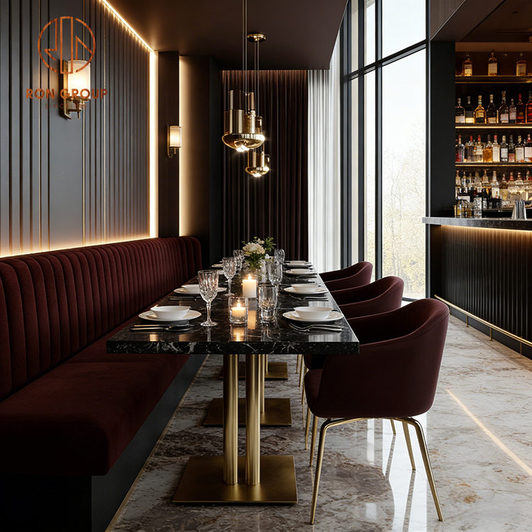 Modern Luxury Burgundy Velvet Restaurant Booth Seating with Black Marble Dining Table