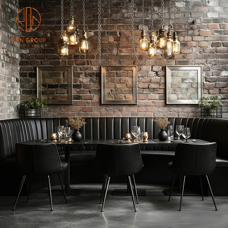 Industrial Black Leather Restaurant Booth Seating with Brick Wall Cafe Design