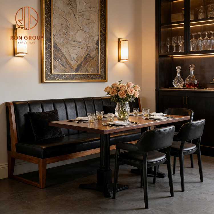 Industrial Black Leather Restaurant Booth Seating with Solid Wood Dining Table