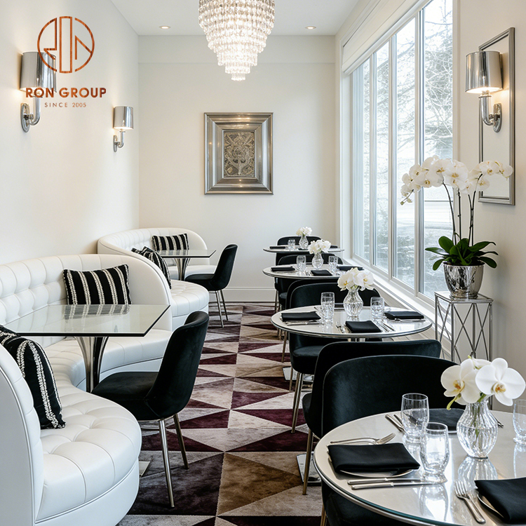 Modern Luxury White Leather Restaurant Booth Seating with Glass Dining Tables