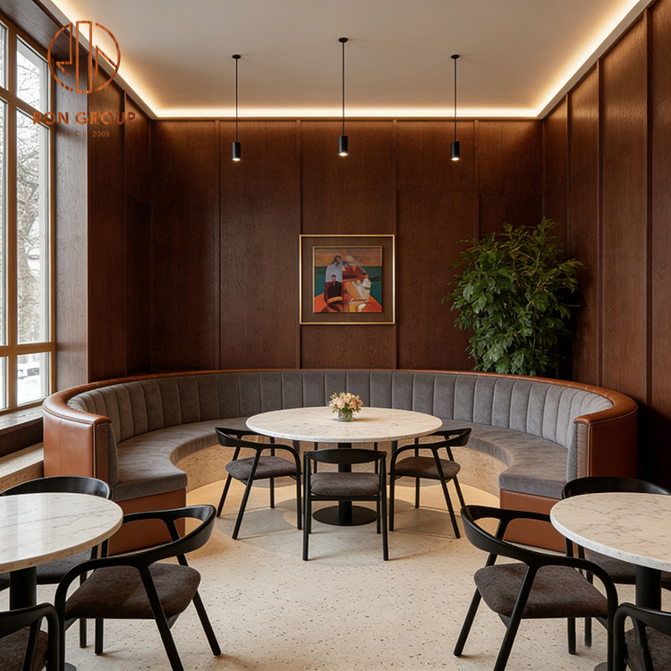 Industrial Restaurant Booth Seating with Upholstered Banquette & Marble Tables