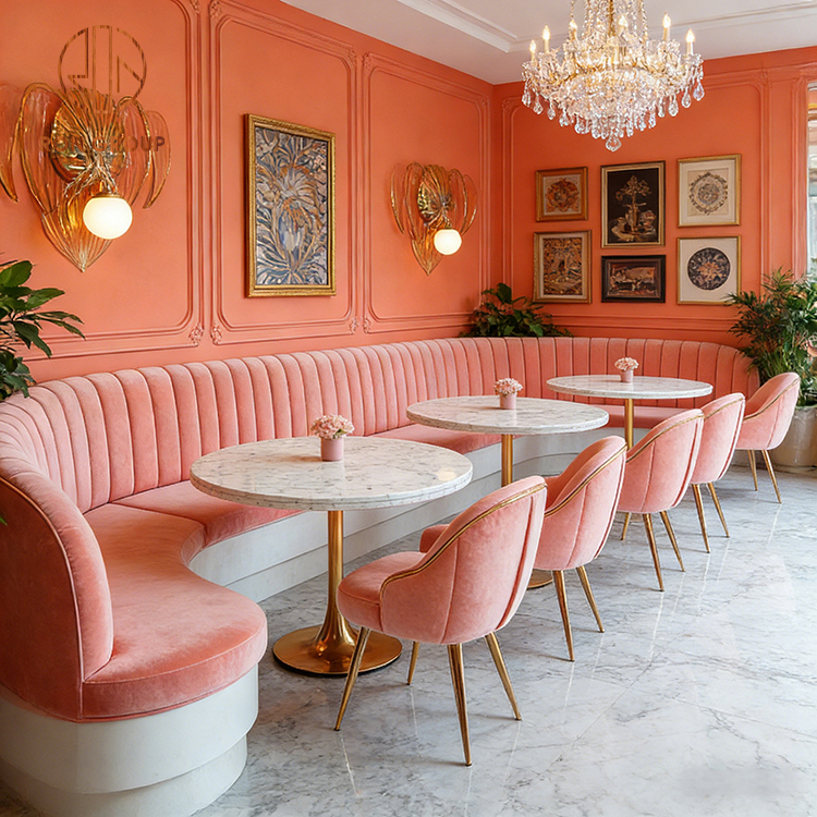 French Modern Coral Pink Velvet Booth Seating Chair Set Durable Commercial Grade Gold Metal Legs Marble Table for Cafe