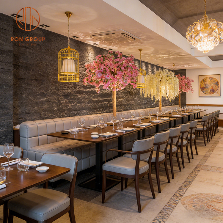 Modern Restaurant Booth Seating with Upholstered Banquette & Wood Dining Tables