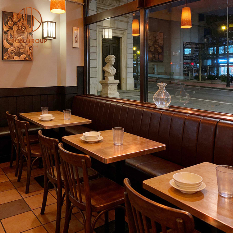 Mid-Century Restaurant Booth Seating with Leather Banquette & Wood Tables