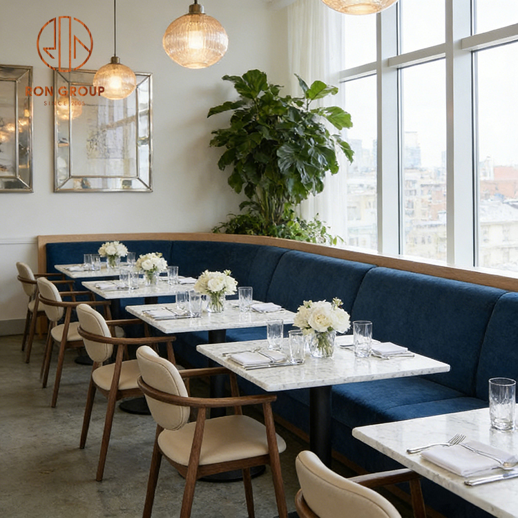 Luxury Restaurant Booth Seating with Marble Tables & Blue Velvet Banquette