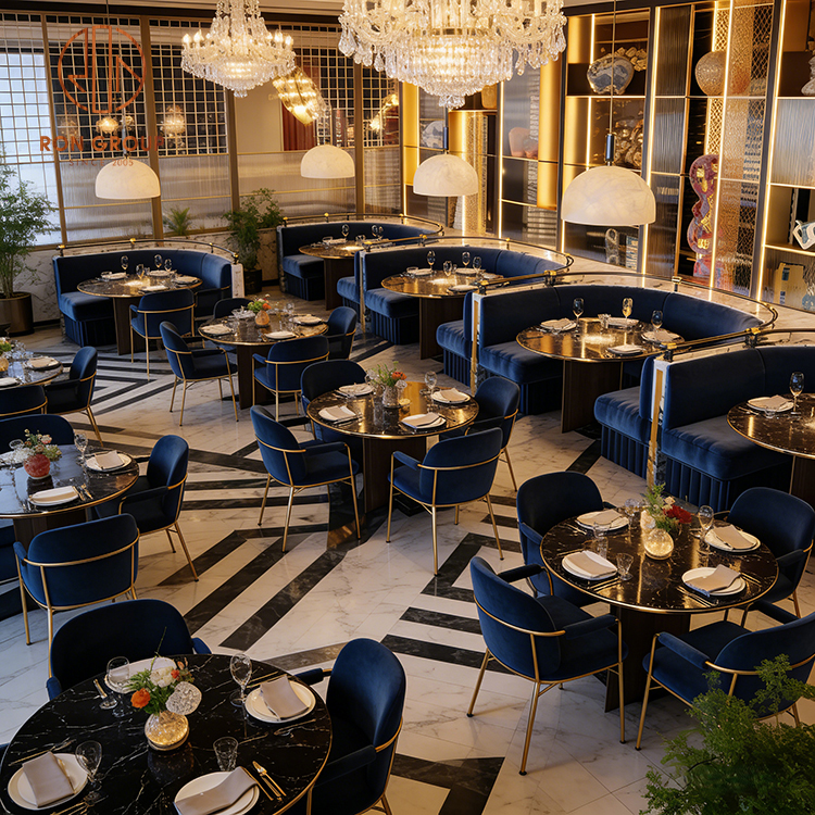 Luxury Restaurant Booth Seating with Blue Velvet Banquette & Marble Tables