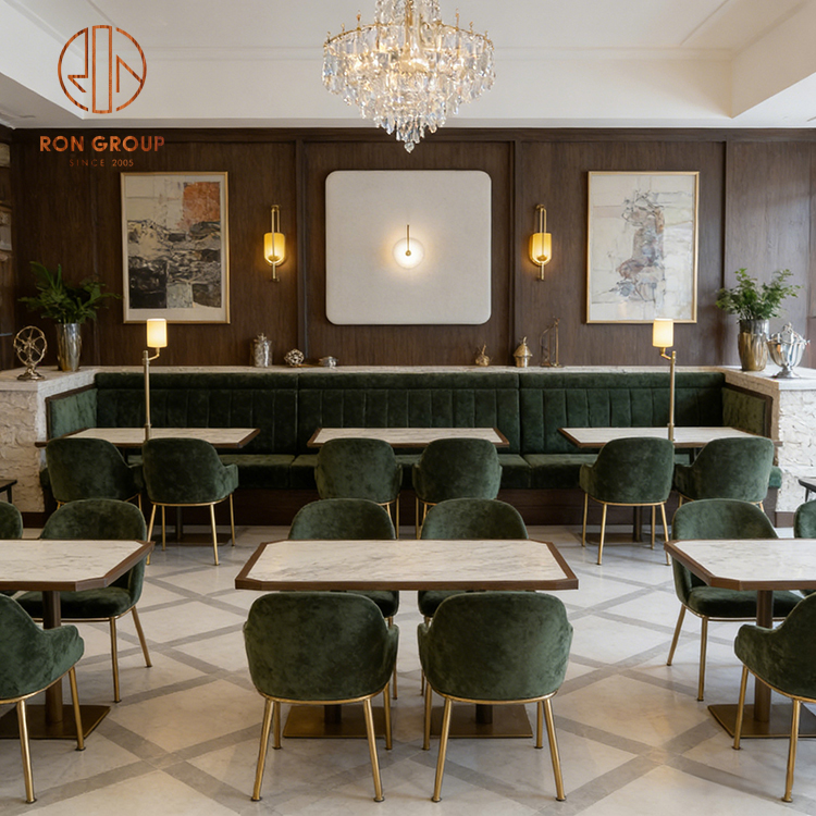 Luxury Restaurant Booth Seating with Green Velvet Banquette & Marble Tables