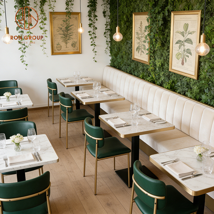 Luxury Restaurant Booth Seating with White Banquette & Marble Tables