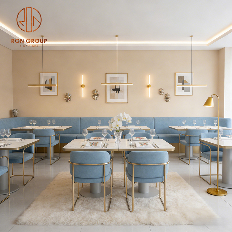 Luxury Light Blue Restaurant Furniture Set with Booth Seating, Dining Chairs and Marble Tables