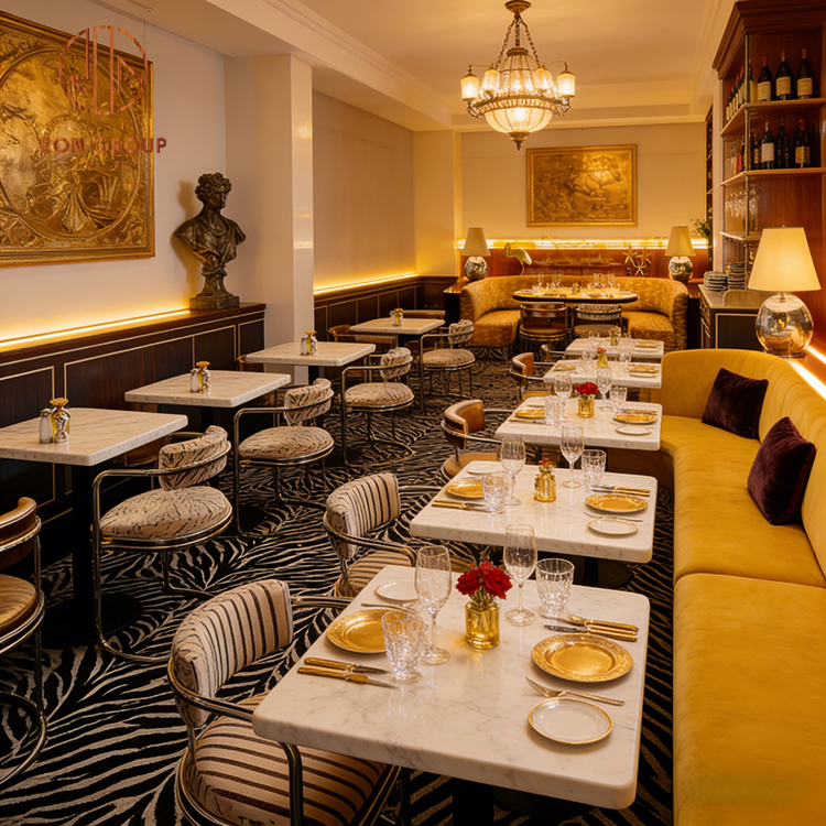 Luxury Art Deco Restaurant Furniture Set with Yellow Velvet Booths & Marble Tables