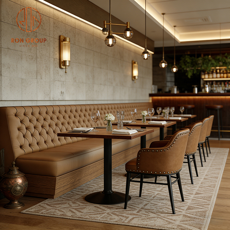 Luxury Restaurant Booth Seating with Tufted Leather Banquette & Wood Tables