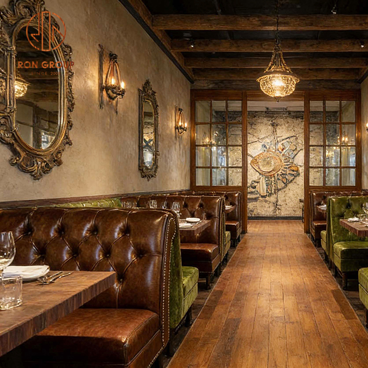 Industrial Vintage Restaurant Furniture Set with Leather Booths, Wood Tables & Dining Chairs