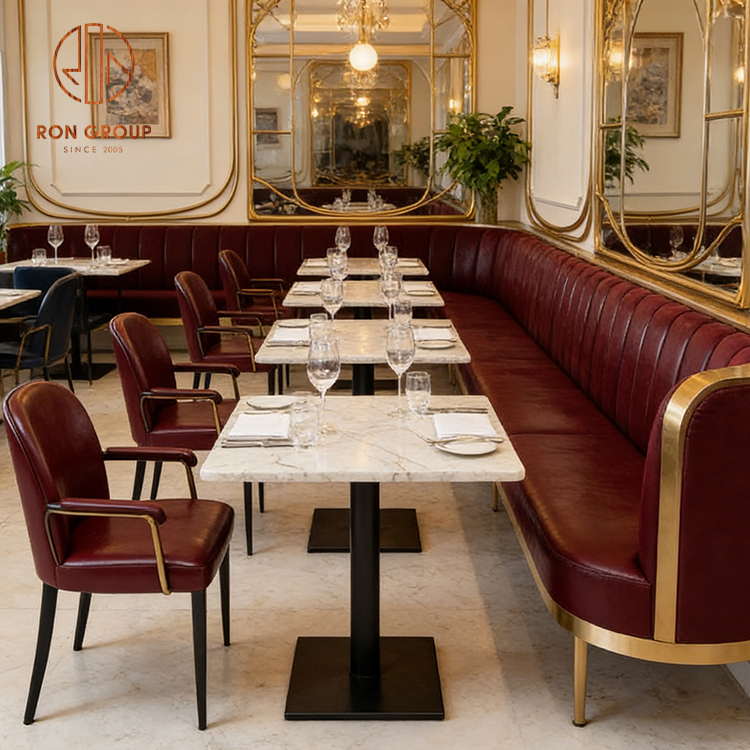Luxury Restaurant Booth Seating with Burgundy Banquette & Marble Tables