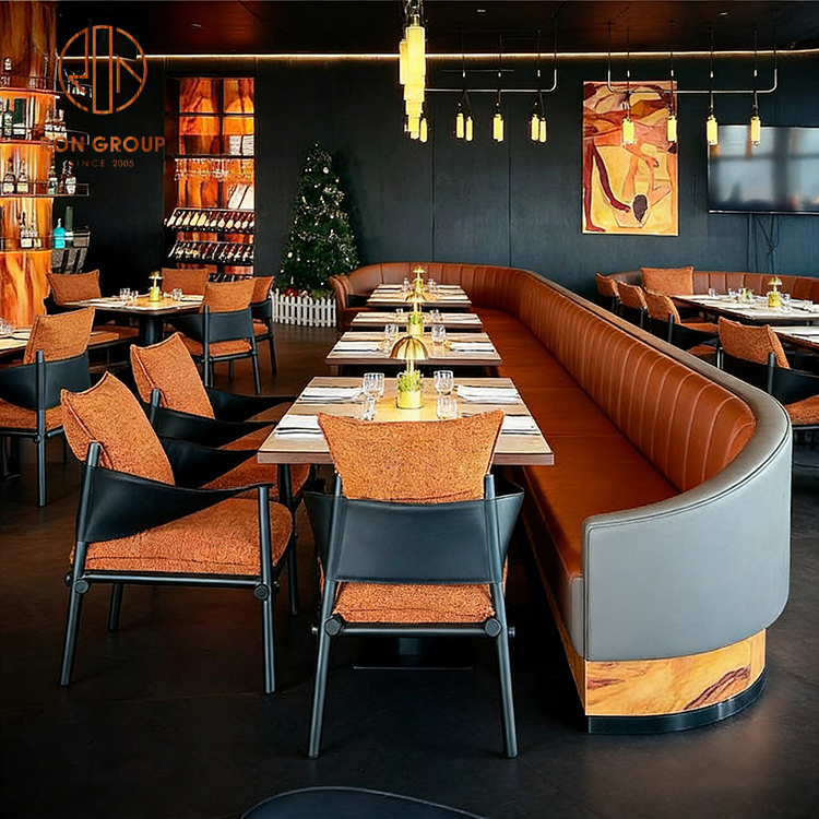 Industrial Restaurant Booth Seating with Upholstered Banquette & Commercial Dining Chairs