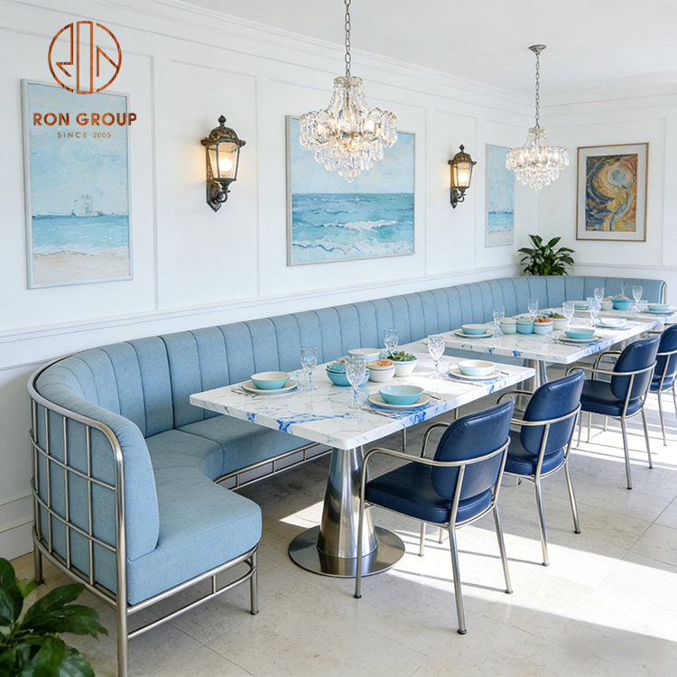 Luxury Restaurant Booth Seating with Marble Tables & Upholstered Dining Chairs