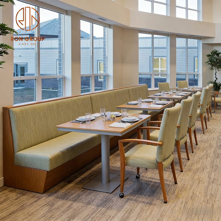 Modern Minimalist Wooden Base Light Green Fabric Booth Sofa Chair Set Wood Top Table for Hotel Cafe Restaurant Coffee Tea Shop