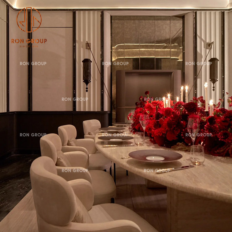 Velvet Curved Booth with Round Marble Dining Table and Camel Upholstered Chairs for Luxury Restaurants