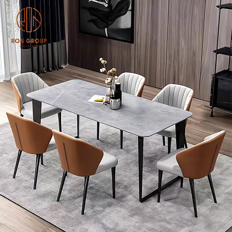 Contemporary Marble Dining Table with PU Leather Upholstered Chairs for Restaurants and Boutique Hotels