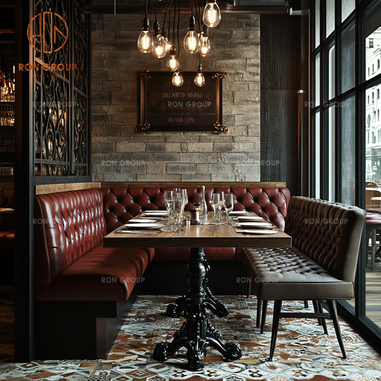 Wooden Restaurant Dining Table Set with Leather Booth Seating for Cafés and Coffee Shops