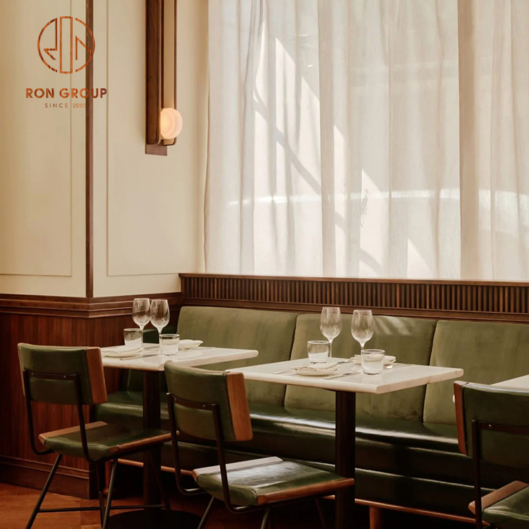 Classic Café Seating Set with Upholstered Sofa Bench and Marble Tables