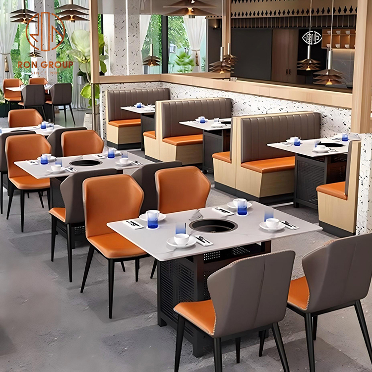 Commercial Restaurant Booth Seating Set with Light Brown Sofa Booths and Square Marble Tables