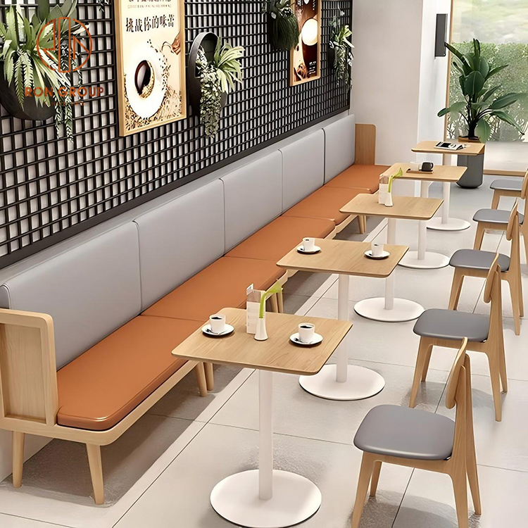 Modern Cafe Booth Seating Set with Wood Tables and Upholstered Bench