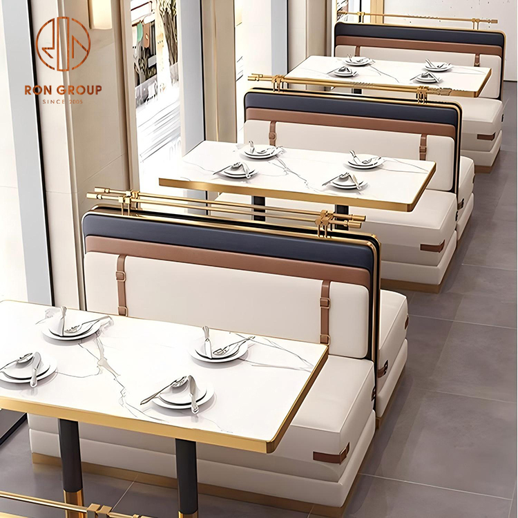 Luxury Light-Extravagance Restaurant Furniture: Beige Leather Booths with Gold Trim & Marble Dining Tables