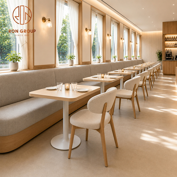 Ron Group L Shape Customized Booth Seating Solid Wood Square Table Fabric Upholstered Chair Commercial Furniture for Restaurant