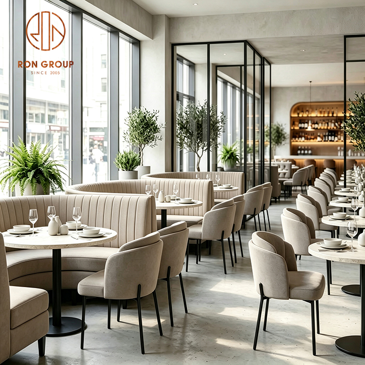 Ron Group Modern Commercial Restaurant Furniture Set Marble Round Table Fabric Upholstered Booth Seating Ergonomic Chair