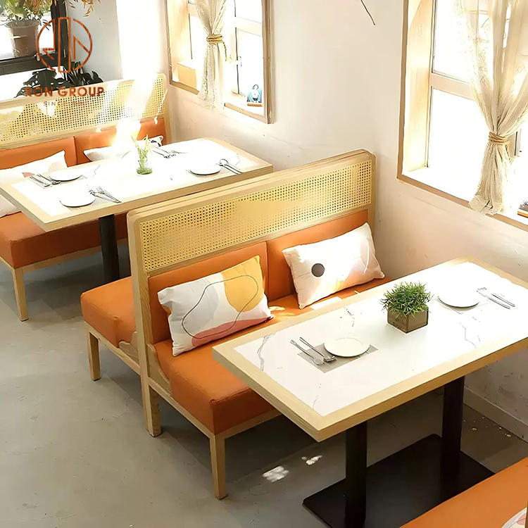 Modern Scandinavian Restaurant Dining Set: Orange Faux Leather Booth Seating with Wooden Partition & Marble-Effect Tables
