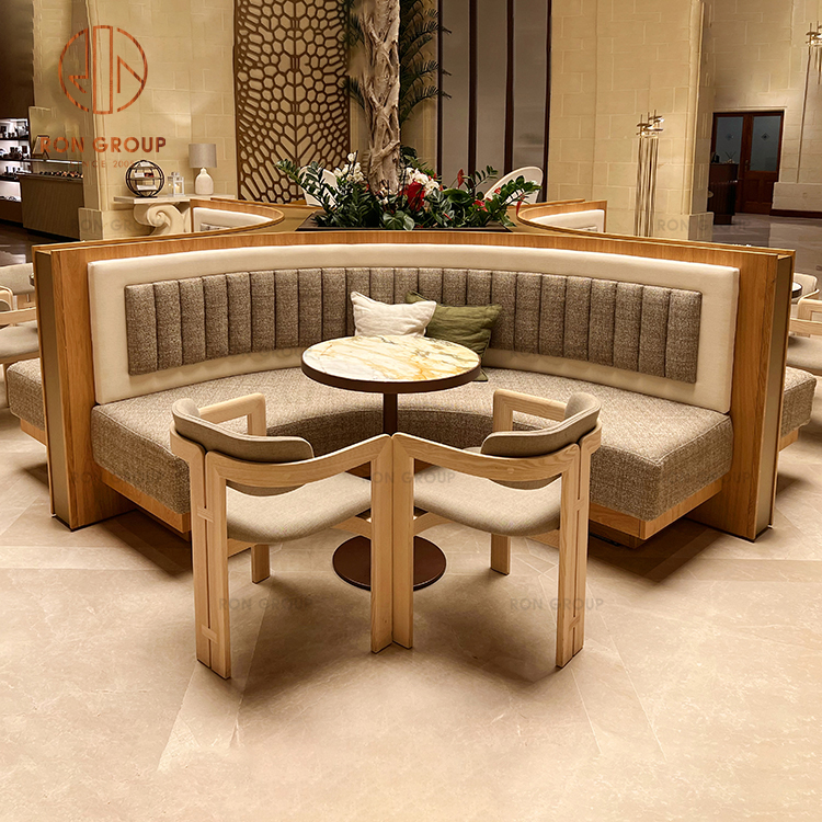 Light Wood  Wooden Frame Restaurant Booth Set with Beige Upholstery Round Glass Table on Gold Base Furniture OEM Drawing