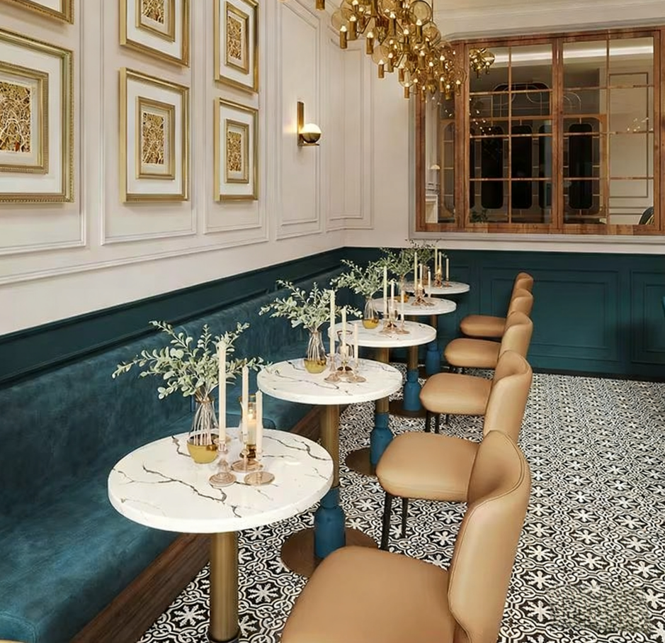 Luxury Blue Leather Restaurant Booth Seating with Round Marble Tables for Cafe & Bistro Spaces