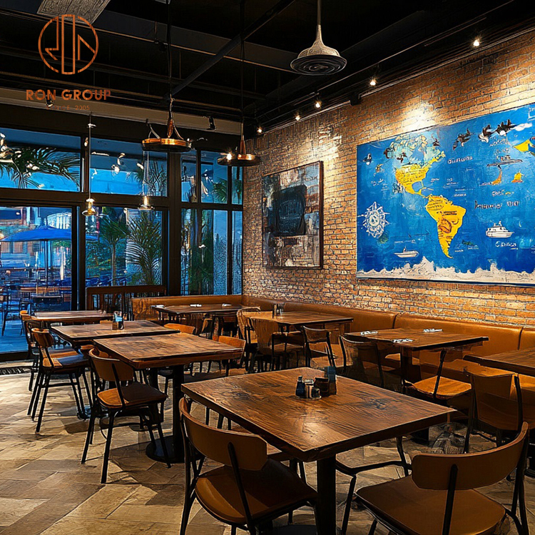 Commercial Fast Food Brown Square Wooden Table & Chair Set Iron Bases Modern Design Vintage Restaurant Furniture for Cafe Dining