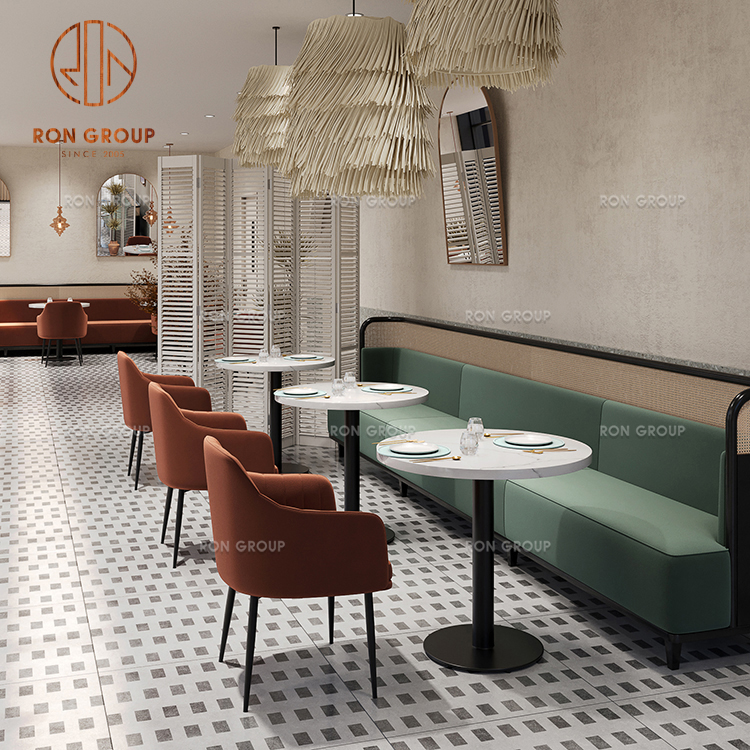 Modern Cafe Booth Seating Set with Upholstered Sofa, Marble Round Tables and Accent Chairs