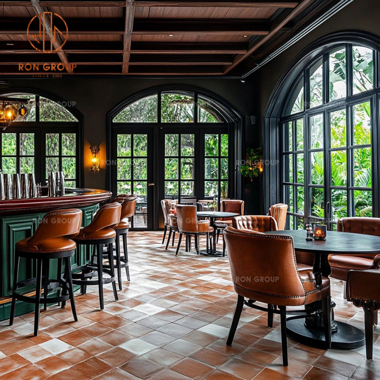 Luxury Leather Restaurant Chair and Table Furniture Cognac Brown Bar Height Chairs with Dark Wood Finish Tables Commercial Set