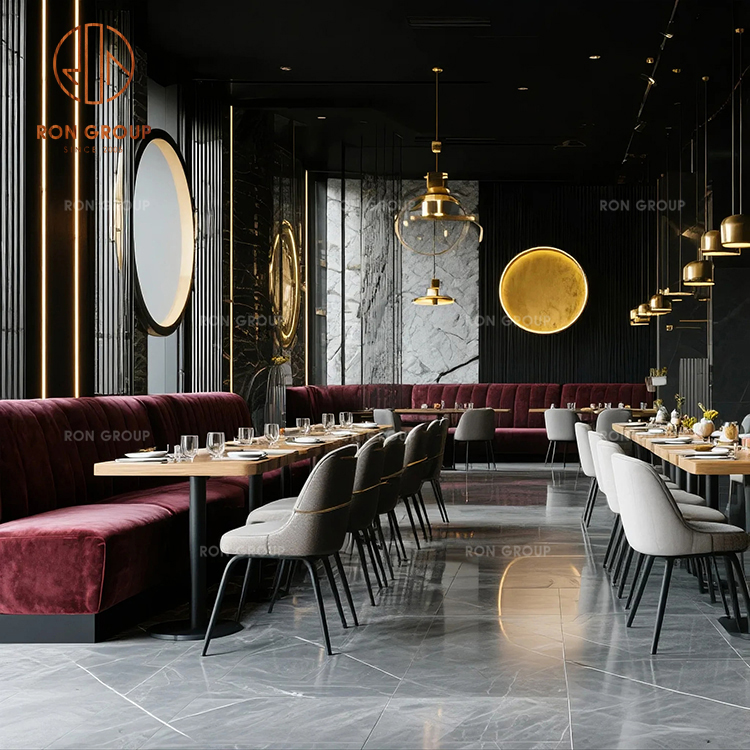 Velvet Sofa Booth Seating with Square Wood Tables for Contemporary Luxury Dining Spaces